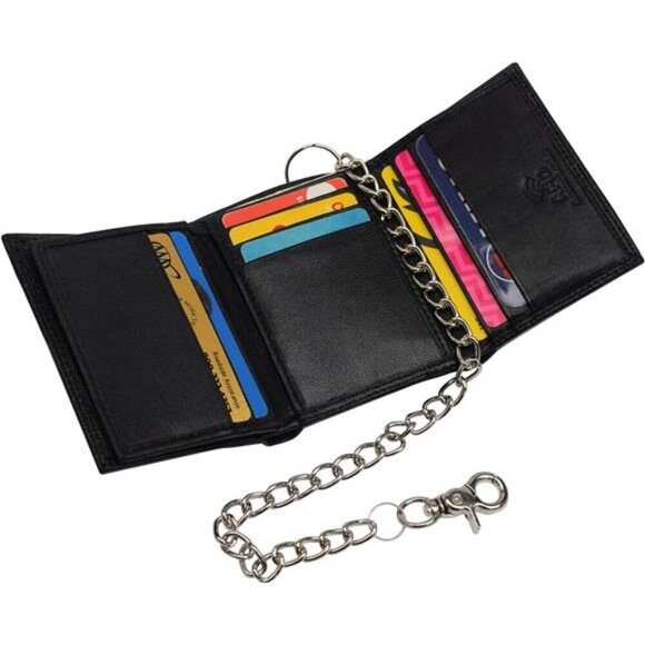 Men's RFID Blocking Premium Leather Chain Trifold Wallet (Black with Chain) - Picture 5 of 7